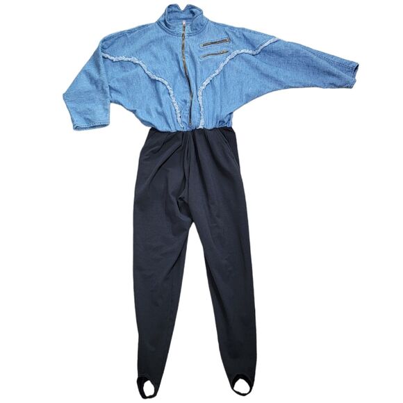 Vtg‎ PG Collections by Ginger Bort Jumpsuit 4 Denim Blue Black Stirrup Pants Zip - Picture 1 of 12